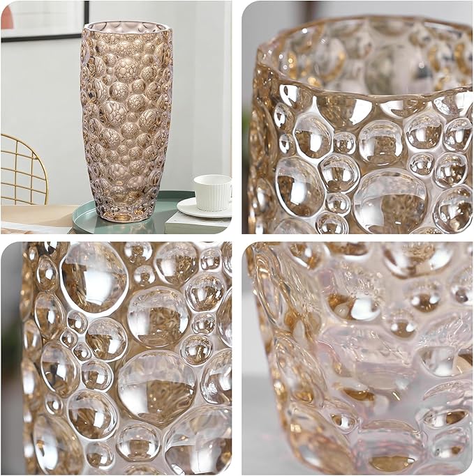 KAMMAK Glass Vase, Large Retro Flower Vase for Home Decor, Christmas or Birthday Gift for Mom, Women, Housewarming, Wedding Centerpiece, Table, Office Desk, Farmhouse, Bohemian Decor (Amber Polka Dot)