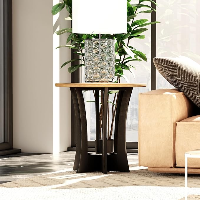 COZAYH Farmhouse Round End Table with Criss-Cross Wood Legs, Rustic French Country Side Table for Dinning or Living Room, Modern, Black, Natural Wood