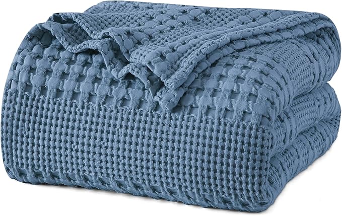 PHF 100% Cotton Waffle Weave Blanket Queen Size for Bed, Soft Lightweight & Breathable, All-Season Comfort, 300 GSM Luxury Aesthetic Blanket for Home Decor, 90"x90", Denim Blue