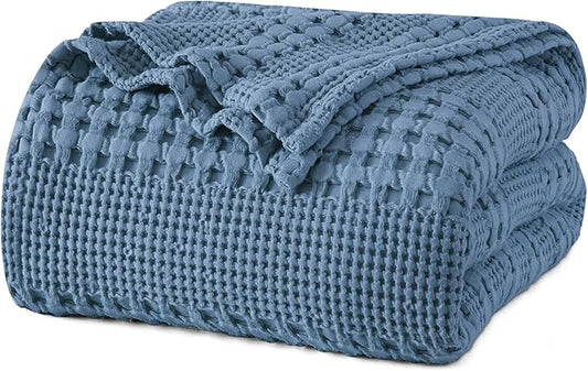 PHF 100% Cotton Waffle Weave Blanket Queen Size for Bed, Soft Lightweight & Breathable, All-Season Comfort, 300 GSM Luxury Aesthetic Blanket for Home Decor, 90"x90", Denim Blue