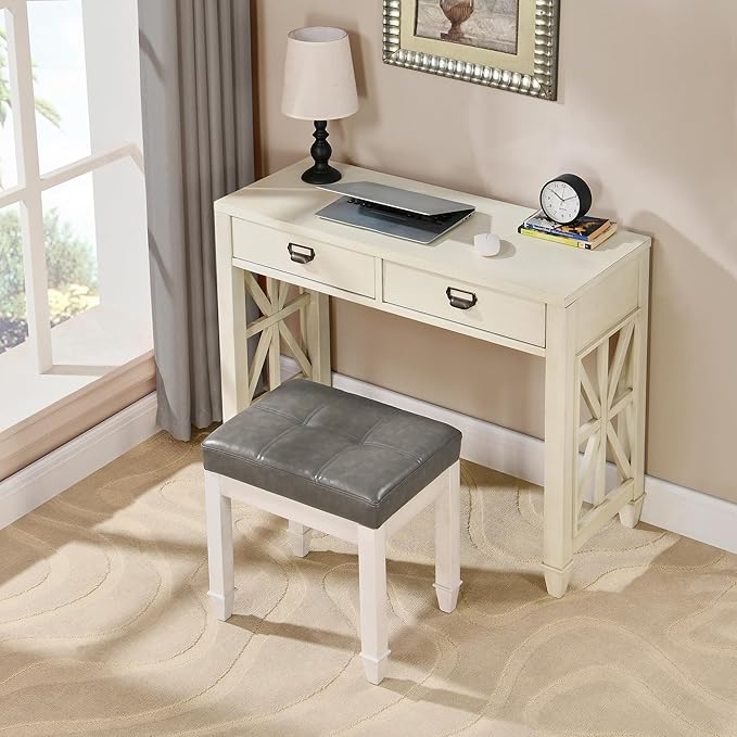 Vanity Stool Bench with Faux Leather Upholstered , Makeup Dressing Bench with Solid Wood Leg, Piano Bench Stools, Child Stool,18.5"L x 14.2"W x 18.5"H Stools, White Leg & Dark Gray Surface FD2405PGY