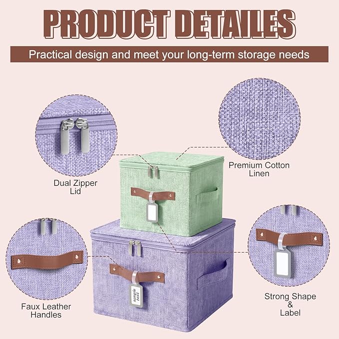6 Pack Fabric Storage Bins with Lids and Label, 10×8×7In Foldable Cotton Linen Cute Storage Box with PU Leather Handles for Closet, Bedroom, Nursery, Pink, Purple, Blue, Green, Yellow, Orange