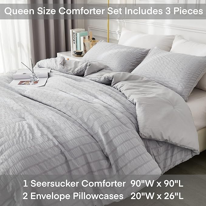AveLom Seersucker Queen Comforter Set, 90x90 inches, 3 Pieces - Light Gray, 100% Microfiber, Soft Washed, Down Alternative, Chic Seersucker Design, Easy Care, Pet Friendly