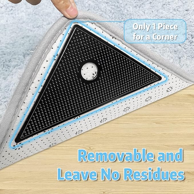 ZC GEL 8 Pcs Rug Tape, Reusable Washable Grippers for Rugs, Double Sided Non-Slip Rug Pads for Hardwood Floors, Rug Stoppers to Prevent Sliding (Black)