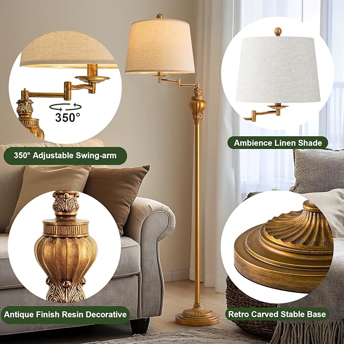 G-SAFAVA 61" Vintage Floor Lamp with 350° Adjustable Swing Arm, Gold Standing Lamp for Bedroom Living Room Nightstand Bedside Retro Farmhouse Mid Century Lamp Light Home Décor Office Gifts