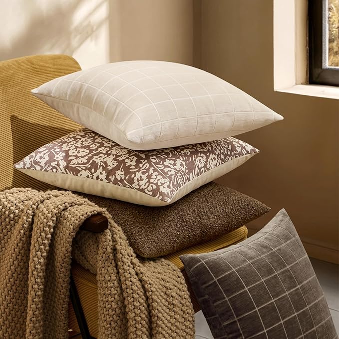 MIULEE Decorative Chenille Check Throw Pillow Covers Vintage Plaid Couch Pillows 16x16 Inch Set of 2 Neutral Boho Farmhouse Cushion Covers Modern Spring Home Decor for Sofa Bed Living Room Beige