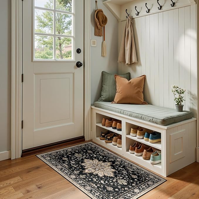 RELEANY Area Rugs 2'x4' Washable Non-Slip, Floral Vintage Distress Print Pattern Medallion Carpet for Living Room Bedroom Dining Room, Black Brown Neutral Dark Tan