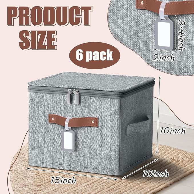 6 Pack Fabric Storage Bins with Lids and Label, 15x10x10Inch Large Size Foldable Cotton Linen Storage Boxes with PU Leather Handles Holders for Closet, Bedroom, Shelf, Nursery, Gray