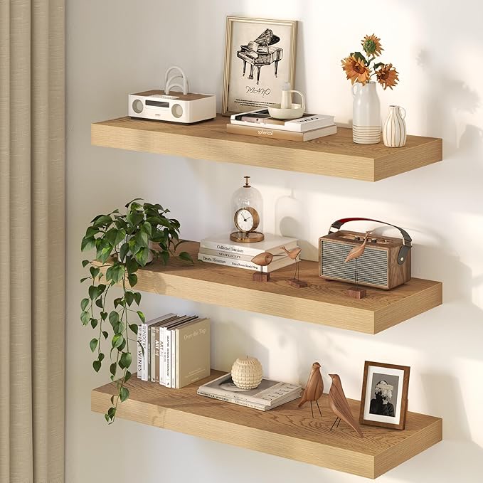 30Inch Oak Floating Shelves for Wall, 12 Inch Deep Shelves for Bedroom, Kitchen, Bathroom Wall Mounted, Rustic Wood Floating Shelf with Invisible Brackets for Books, Storage, Decor, 2 Packs