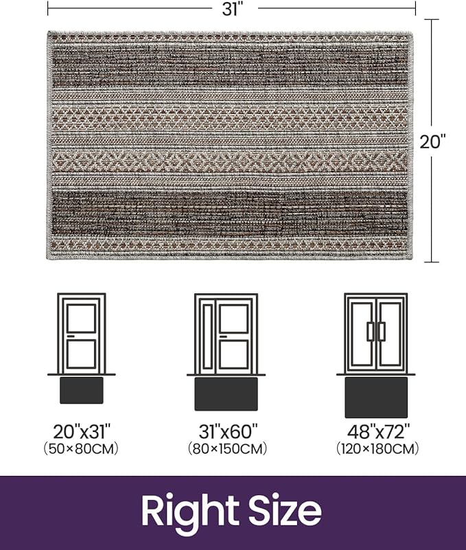 DEXI Dirt Trapper Door Mat, 20x31 Washable Doormat, Dirt Resistant and Absorbent, Easy Clean Low-Profile Floor Rugs for Entryway, Front Door, and Inside Entrance, Striped Brown