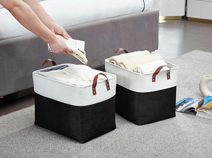 DECOMOMO Large Fabric Storage Baskets - Linen Closet Storage Bins with Handles for Laundry, Clothes, Home, Office (Black & White, XXL - 3 Pack)