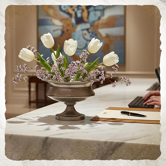 WORTH Silver Color Urn Vase for Centerpieces Set of 2, 8" H. x 11.8" Dia. Metal Trumpet Small Flower Pots for Table, Bowl Vase for Wedding Party Event Home Decor