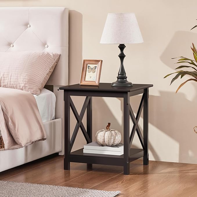 Yaheetech X-Design End Tables Set of 2, Sofa Side Table with Storage Shelf, 2 Tier Side Stand Small Table for Living Room Sofa Study, Easy Assembly, Dark Coffee