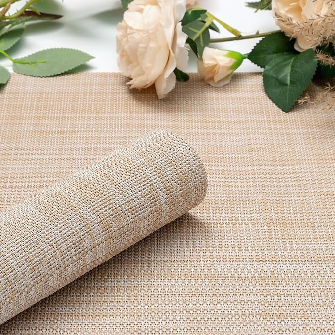 Myir JUN Placemats Set of 6, Vinyl Woven Placemats Place Mats Indoor Washable Table Mats Non-Slip Place mats for Dining Table (A-Beige, Set of 6)