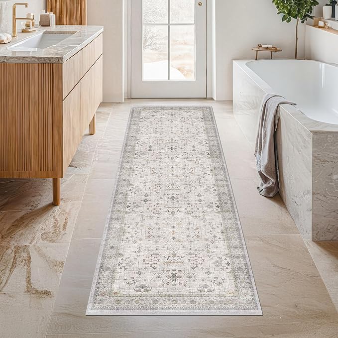 Hazo Haus Non Slip Hallway Runner Rug - 2 x 10 Runner Rug, Washable & Waterproof 2x10 Kitchen Floor Mat - Extra Long Light Gray Neutral Farmhouse Boho Design Décor