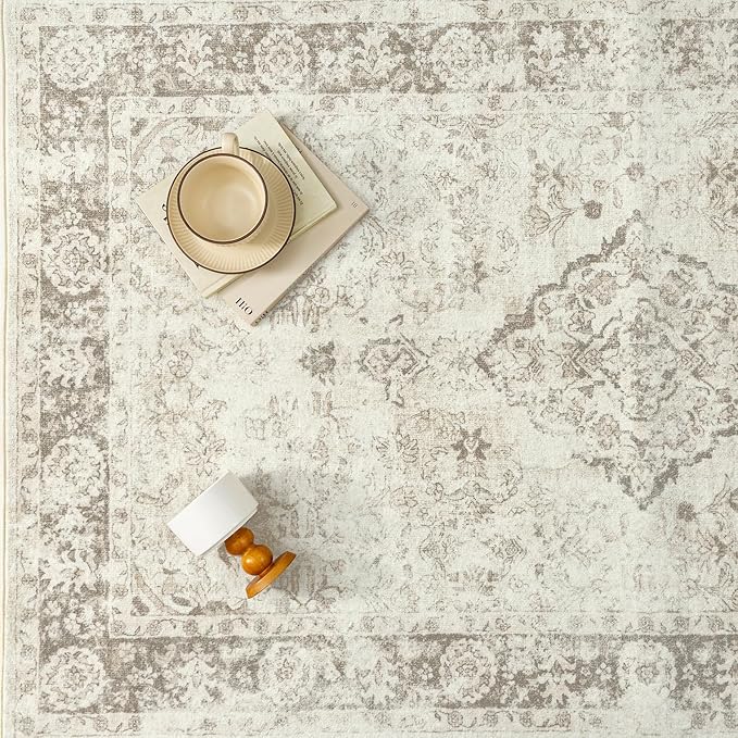 PureCozy 8x10 Area Rug Beige Washable Living Room Bedroom Carpet Vintage Distressed Large Non Slip Low Pile Thin Dining Room Office Medallion Accent Throw Rug