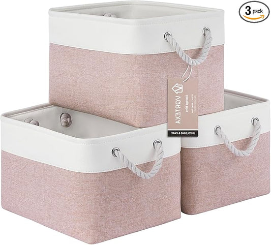 Large Storage Baskets- 15x11x10 inch Storage Bins for Shelves and Closet Organizing, Foldable Fabric Bin for Home Organization Clothes and Laundry (3-Pack, White&Pink)
