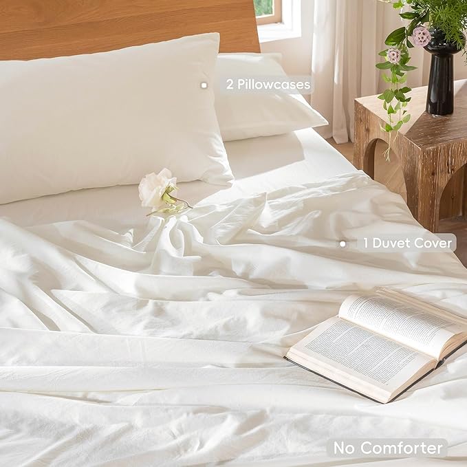 MooMee Bedding Duvet Cover Set 100% Washed Cotton Linen Like Textured Breathable Durable Soft Comfy (Solid Off White, Palatial King/Oversized King 120"x98")