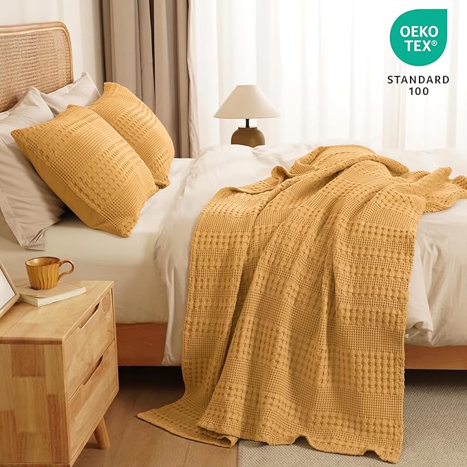 PHF 100% Cotton Waffle Weave Throw Blanket, Soft Lightweight Breathable Cozy Throws for Couch Bed Sofa, 300 GSM Luxury Aesthetic Blanket Gift for Home Decor & Office, 50"x60", Pumpkin Orange