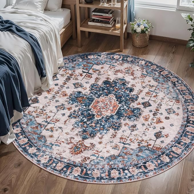 Tangsoo Vintage Round Rug 5ft,Washable Circle Rug, Non Slip Boho Round Area Rug, Low Pile Circular Rugs, Round Carpet for Bedroom,Livingroom,Nursery,Dorm,Office,Blue/Orange