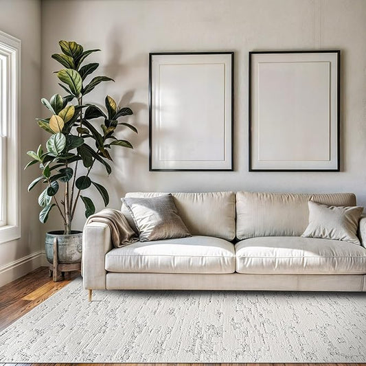 Beverly Rug Micro Loop Area Rug White/Gray 5x7 Abstract Modern Luxury Brushstroke Durable Soft Indoor Rugs for Living Dining Room Office Stain Resistant Non Shedding Casual Indoor Carpet 5 x 7