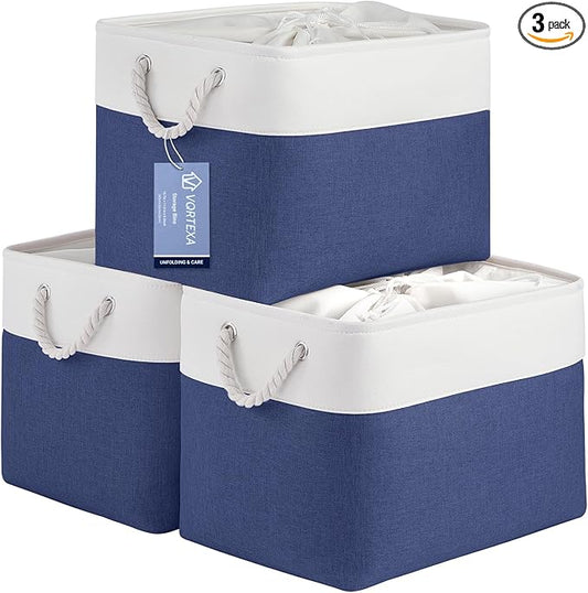 Large Storage Baskets- 16x12x12 inch Storage Bins for Shelves and Closet Organizing, Foldable Fabric Bin for Home Organization Clothes and Laundry (3-Pack, White&Blue)
