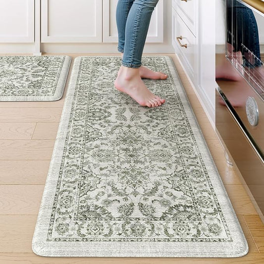 KIMODE Anti Fatigue Mats for Kitchen Floor Non Slip,Boho Vintage Floral Rugs Sets of 2,Cushioned Carpet Non Slip for Laundry,Wide Memory Foam Runner for Sink Office,Green 20"x47"+20"x32"