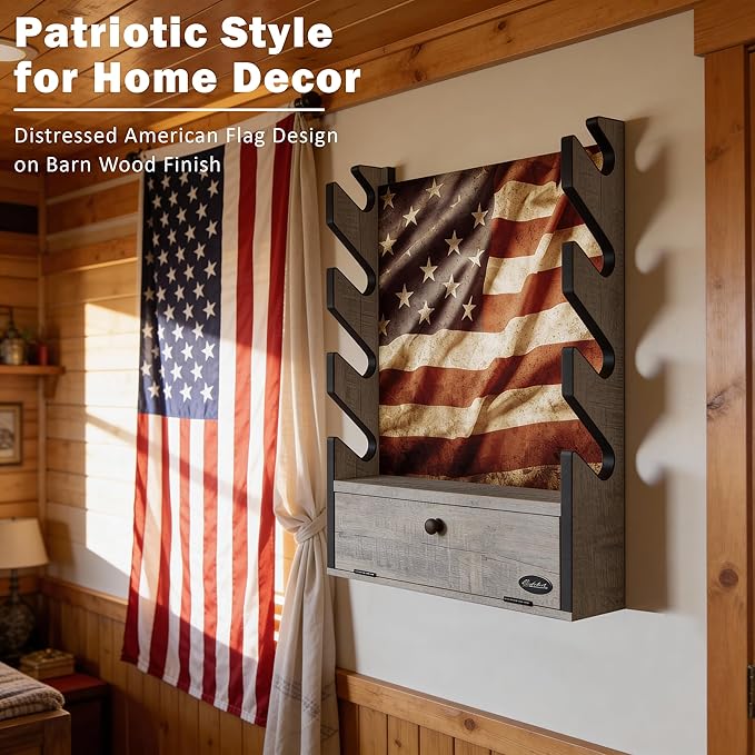 Rush Creek Creations Gun Rack, Wall Mount Gun Rack for Rifles or Shotguns, Patriotic American Flag Design, Additional Storage for Gun Accessories