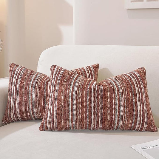 QDTTSRY Throw Pillow Covers, Chenille Luxury Red Striped Pillow Case 20x12 Set of 2, Farmhouse Decorative Cushion Cover for Home Decor Bed Sofa Living Room Chair Bedroom
