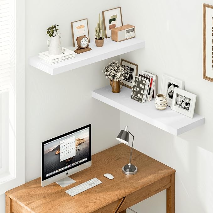 Vivelove White Floating Shelves 12 Inches Deep, [Wood Grain Texture] 35.4x12 Floating Shelves for Wall with Invisible Brackets, Room Shelves for Living Room Bedroom Bathroom Kitchen Office, Set of 2