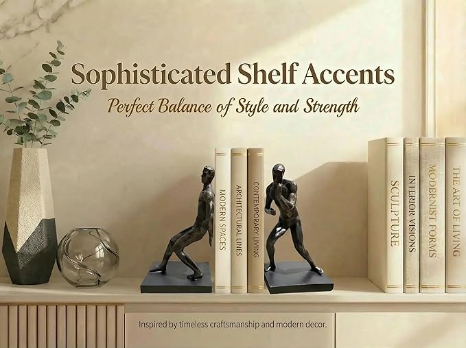 Comfy Hour Modern Gymnastic Men Art Bookends, 13'' Tall, Unique Decorative Bronze Athlete Statues for Shelves, Heavy Duty Resin Pushing Man Book Stopper, Cool Home Office Industrial Decor, 1 Pair