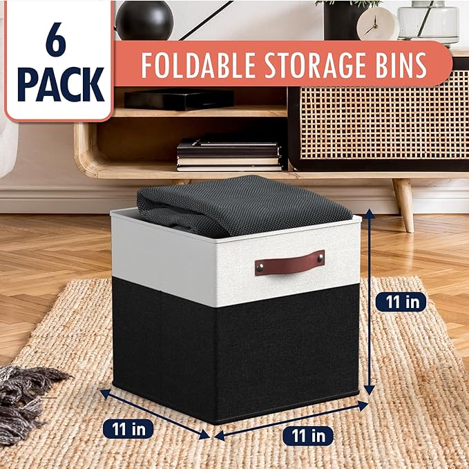 Ornavo Home 11 x 11 Storage Cube Bins, Foldable Collapsible Fabric Storage Bins Box Linen Shelf Basket Cube Organizer for Closet with Leather Handles, 6 Pack, White/Black