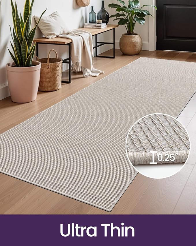 DEXI Hallway Runner Rug 3.3x10, Woven Braided Farmhouse Runner Carpet Indoor, Absorbent Thin Long Entryway Runners for Kitchen, Laundry Room, Patio Entrance, Light Beige-Gray