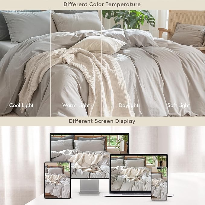 MooMee Bedding Duvet Cover Set 100% Washed Cotton Linen Like Textured Breathable Durable Soft Comfy (Solid Tan, King 104"x90")