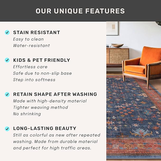 Navy Blue 2x8 Long Runner for Kitchen, 8ft Runner Rugs for Entryway, Hallway, Washable Non Skid Rubber Backing Low Pile Stain Resistance Floral Carpet