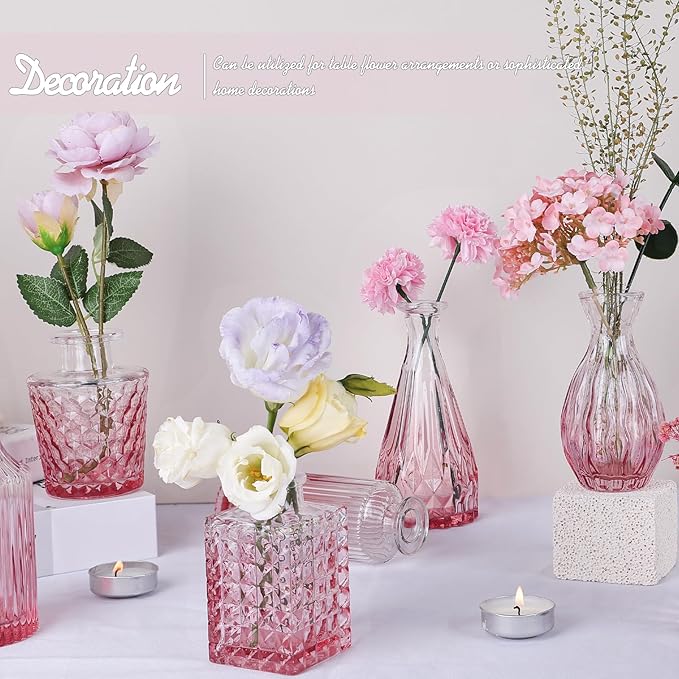 Valentine's Day Pink Glass Bud Vase Set of 24, Small Flower Vases for Centerpieces in Bulk, Mini Vintage Vase for Wedding Decor, and Home Table Décor