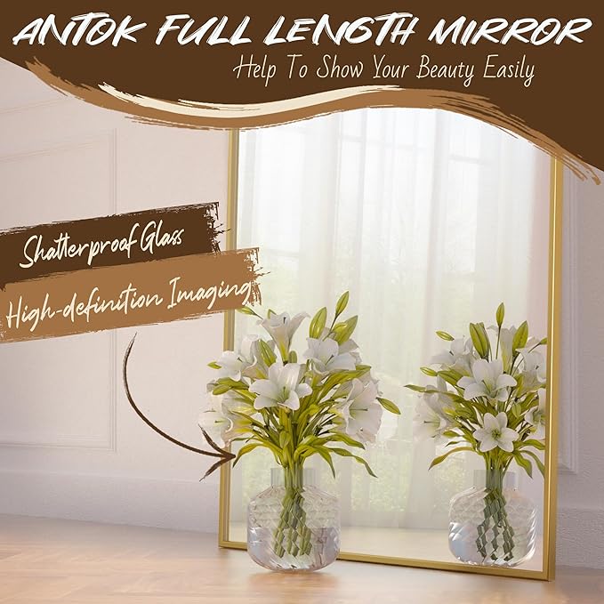 Antok Full Length Mirror, 58"x18" Arched Floor Mirror, Mirror Full Length with Stand, Wall Mounted Mirrors for Living Room Bedroom, Gold