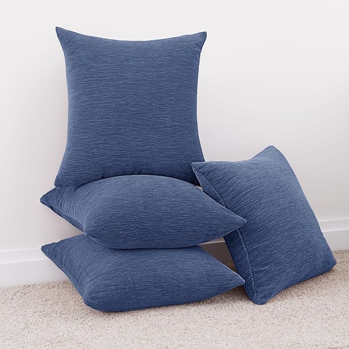 Set of 4 Navy Blue Throw Pillow Covers 20x20 Inch, Neutral Boho Farmhouse Aesthetic Decorative Pillow Cases for Couch, Sofa, Living Room & Bed, Soft Chenille Pillow Cases, Stylish Home Decor, 50x50 cm