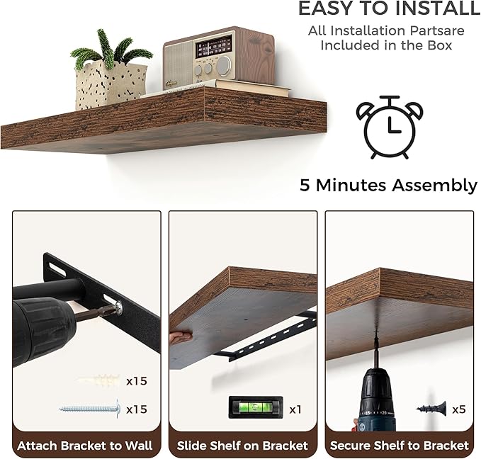 Floating Shelves for Wall, Engineered Wood Wall Shelves with Invisible Brackets for Living Room Bedroom Bathroom Office Kitchen Decor and Storage (Brown, 24" W x 9" D x 1.5" H) Set of 2