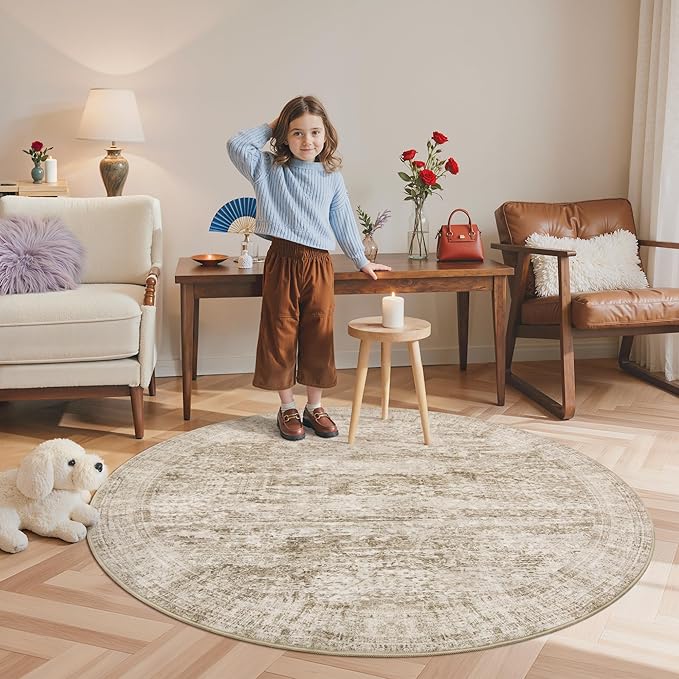 Soalmost 5x5 Brown Round Rug 5ft Living Room Circle Rug Vintage Round Area Rug Non Slip Indoor Carpet for Entryway Dining Room Bedroom