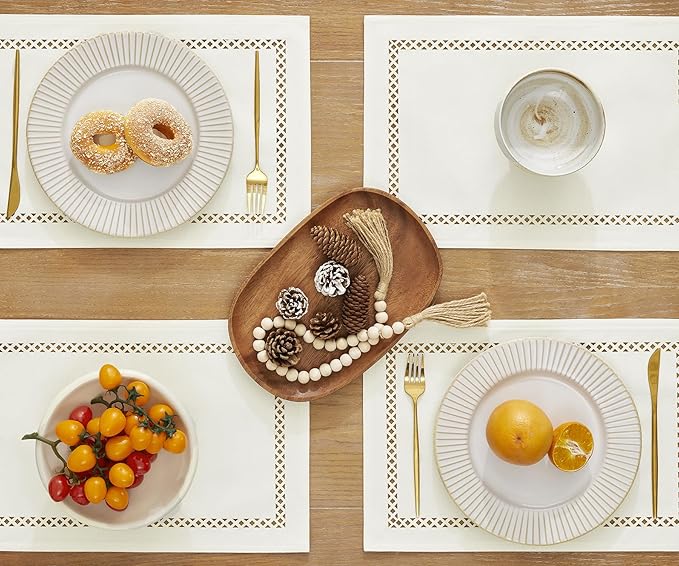 Burlap Placemats Set of 6, 12 x 18 Inch Rustic Geometric Hollow Place Mats, Heat Resistant Placemats for Farmhouse Kitchen Table Decor, Off White 6PCS