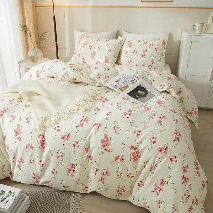 Boho Floral Duvet Cover Twin XL Soft Cotton Pink Floral Bedding Set Chic Garden Style Cute Flower Pattern Duvet Cover Vintage Floral Botanical Comforter Cover 1 Twin XL Duvet Cover with 2 Pillowcases