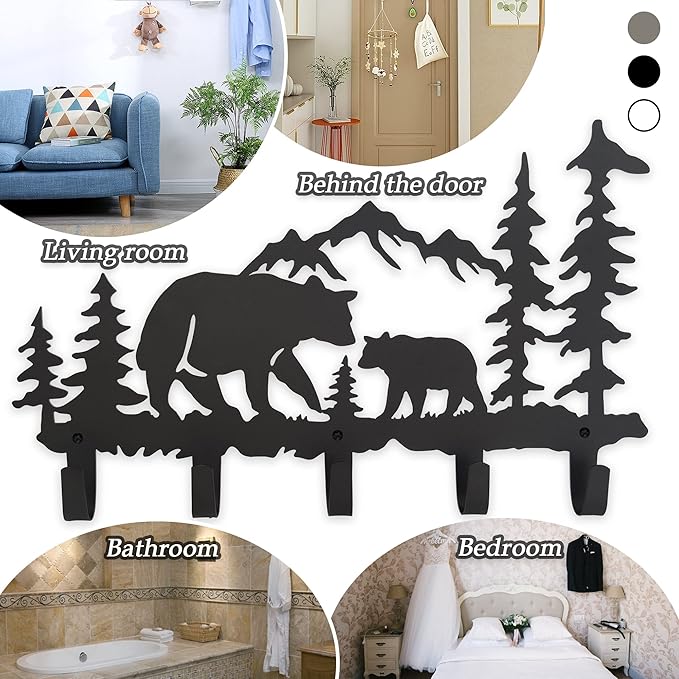 Metal Bear Coat Hooks Wall Art Decor-Bear Hangers and Key Holder-Animal Theme Hooks Sweet Home Decor for Storage, Living Room, Hallway, Office (Black)