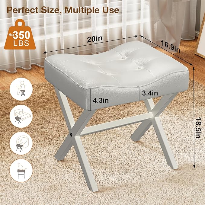 18-Inch Large Leather Vanity Stool, Vanity Chair with Metal X-Leg, Ottoman Accent Stool with Thick Padded Saddle Seat, White