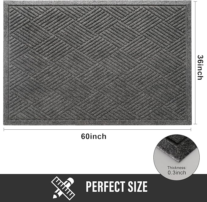 HIYARD Sturdy Front Door Mat, Absorbent Muddy Dirt Resist Welcome Door Mats Outdoor Indoor, Stain and Fade Resistant, Non-Slip Rubber Backing Low Profile Doormat for Entryway, 60×36, Grey