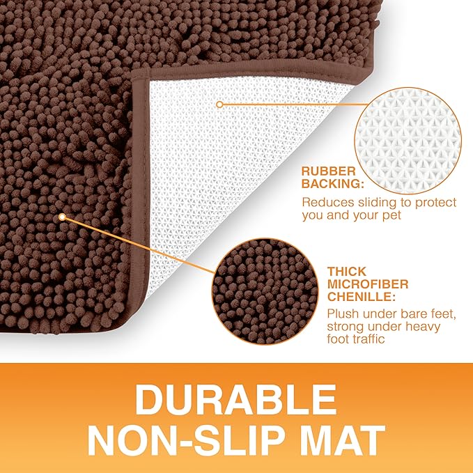 Neater Pets Chenille Dog Door Mat 36” x 24” – Super Absorbent & Quick-Dry Muddy Paws Doormat for Trapping Dirt, Water, Mud - Non-Slip & Machine Washable Pet Rugs for Entryway, Indoor Mud Mats, Brown