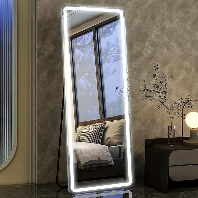 HARRITPURE LED Full Length Mirror - 64"x21" Rounded Corner Floor Mirrors with Stand, Large Standing Mirror with Lights for Bedroom/Cloakroom -Dimmable & 3 Color Lighting/Wall Mounted