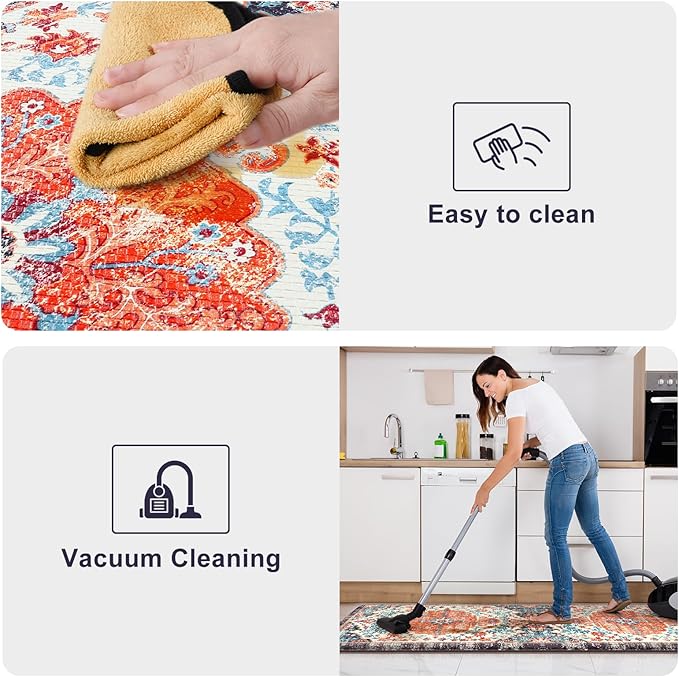 KIMODE Anti Fatigue Kitchen Mat, Boho Vintage Kitchen Rugs Sets of 2, Cushioned Non-Slip Kitchen Mats for Floor, Comfort Kitchen Floor Mats for Sink, Laundry, Desk Orange/Purple,17"x47"+17"x29"