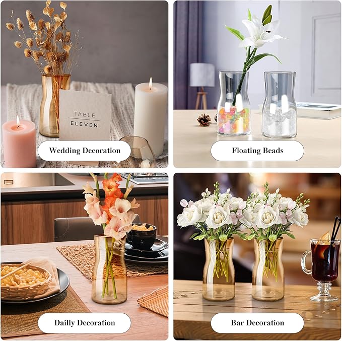 8 Inch Handmade Iridescent Glass Vase - Modern Boho Centerpiece for Flowers, Wedding, Home & Office Decor, Lightweight Clear Glass Table Vase, Unique Housewarming or Birthday Gift (Amber)