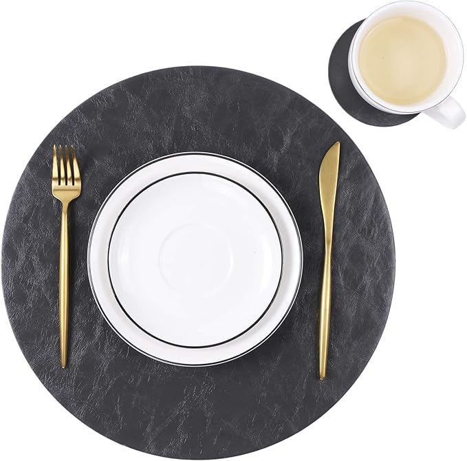 Set of 6 Embossed PU Leather Placemats, Waterproof Coffee Coasters, Kitchen Table Mats, Easy to Wipe Off for Dining Round Table